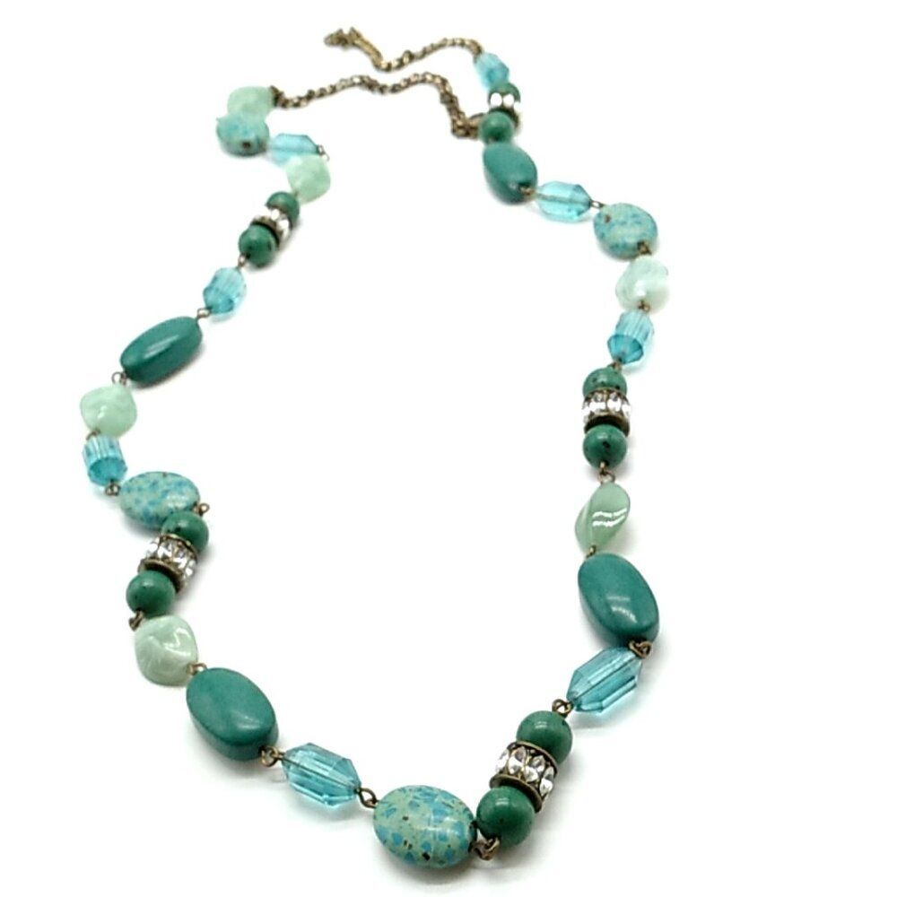 Vintage Long Turquoise Gemstone, Rhinestone & Lucite Bead Necklace